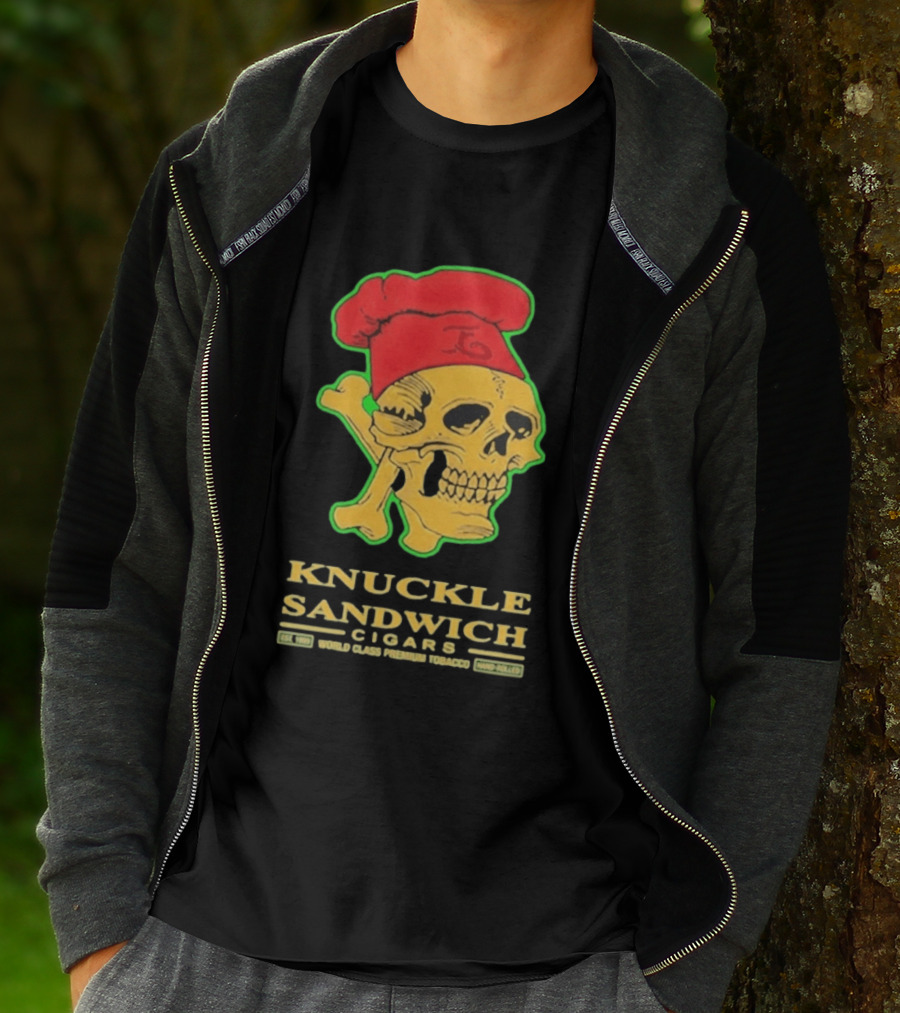 Knuckle Sandwich Cigars World Class Tobacco Skull With Red Chef Hat And Crossbones T-Shirt