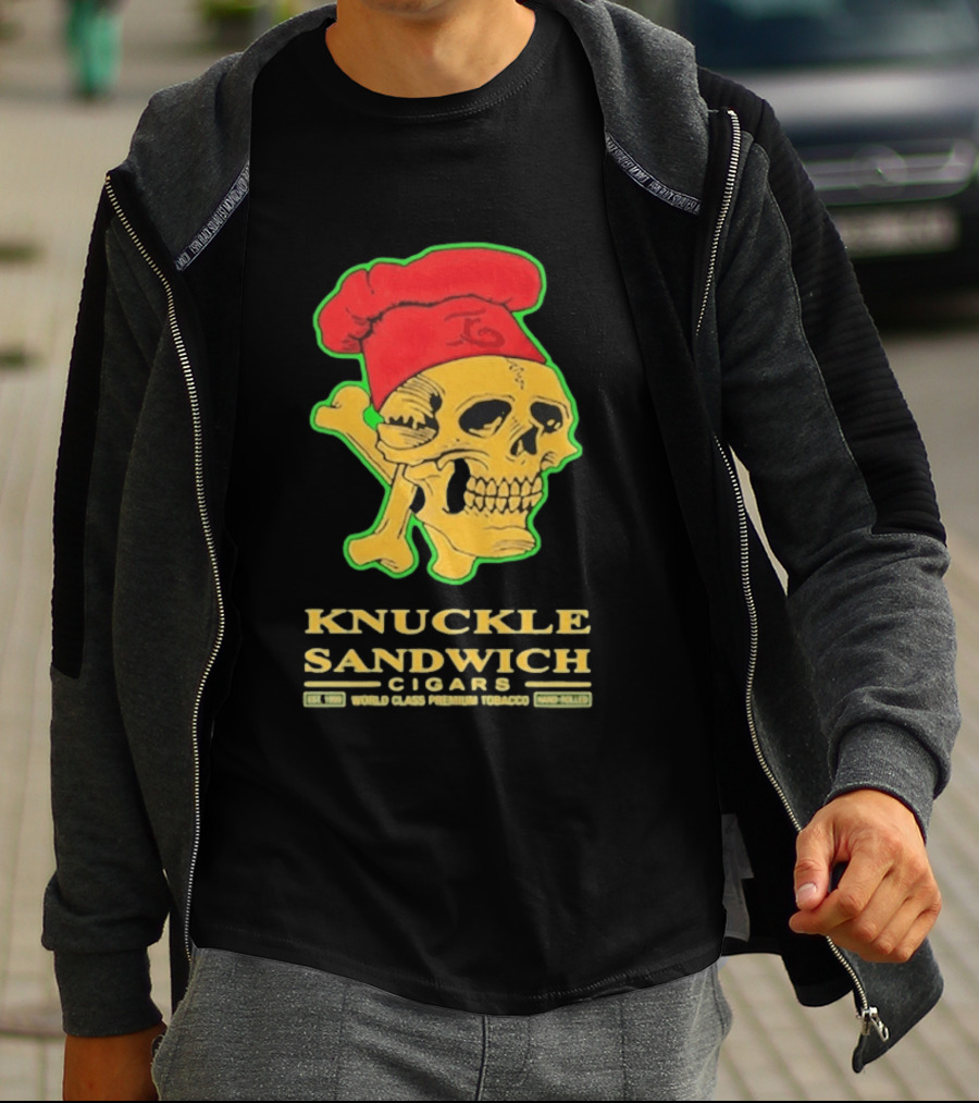 Knuckle Sandwich Cigars World Class Tobacco Skull With Red Chef Hat And Crossbones T-Shirt