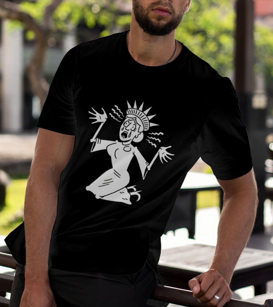 Lady Liberty Patriotic Panic Cartoon Sketch Yankee Doodle Distress T-Shirt