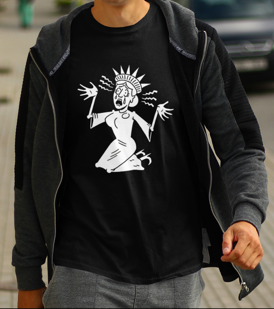 Lady Liberty Patriotic Panic Cartoon Sketch Yankee Doodle Distress T-Shirt
