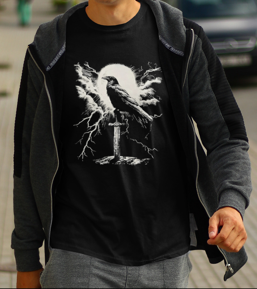 Raven On Sword With Lightning And Moon T-Shirt