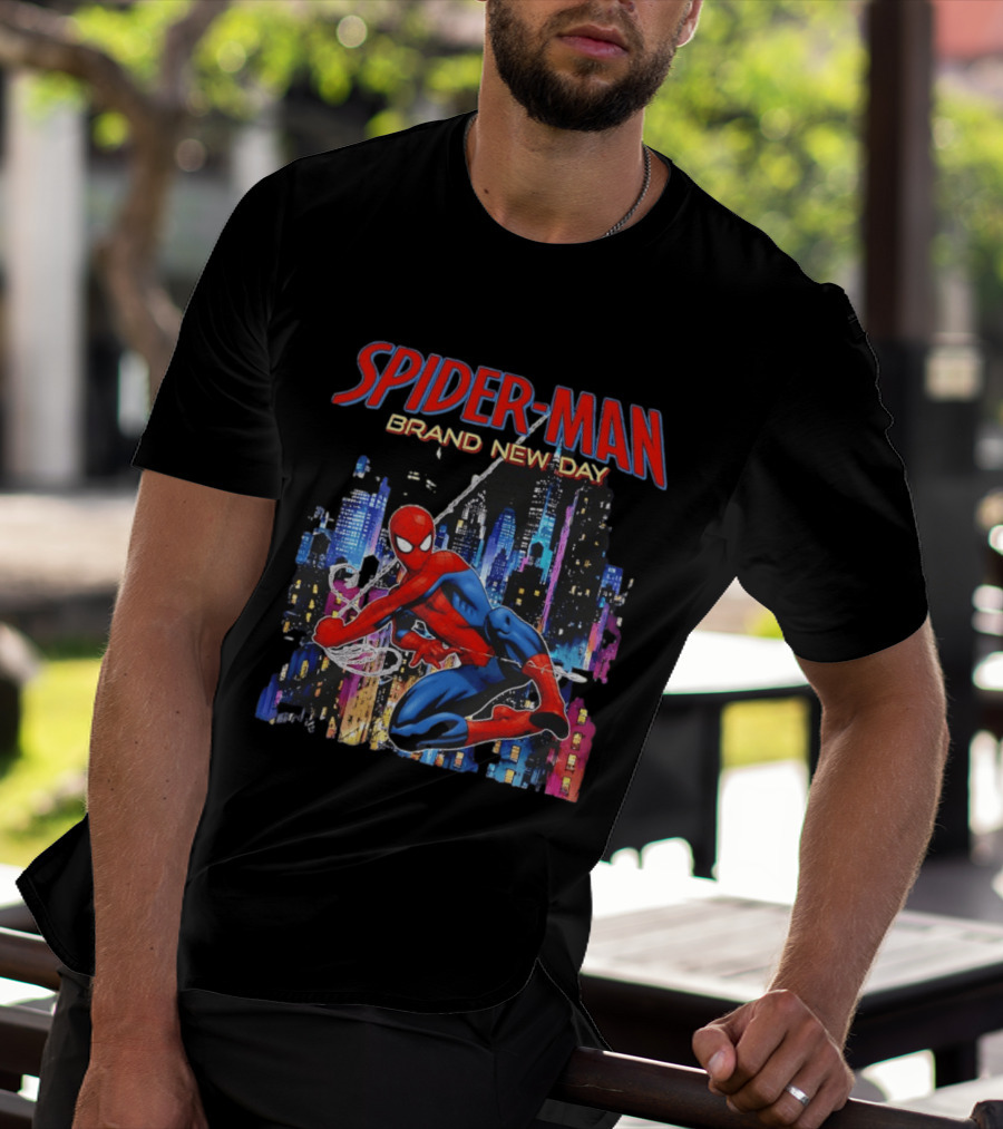 Spider Man Brand New Day Web Superhero Swinging City Night Marvel Studios T-Shirt