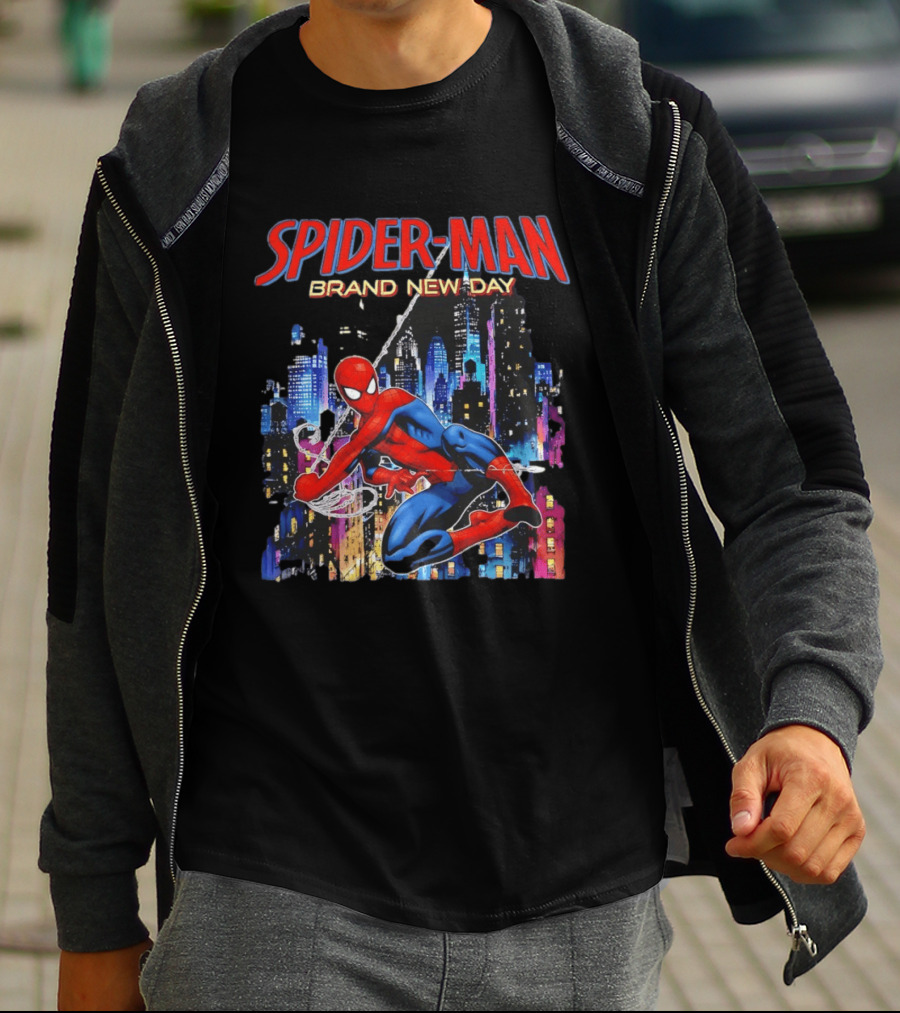 Spider Man Brand New Day Web Superhero Swinging City Night Marvel Studios T-Shirt
