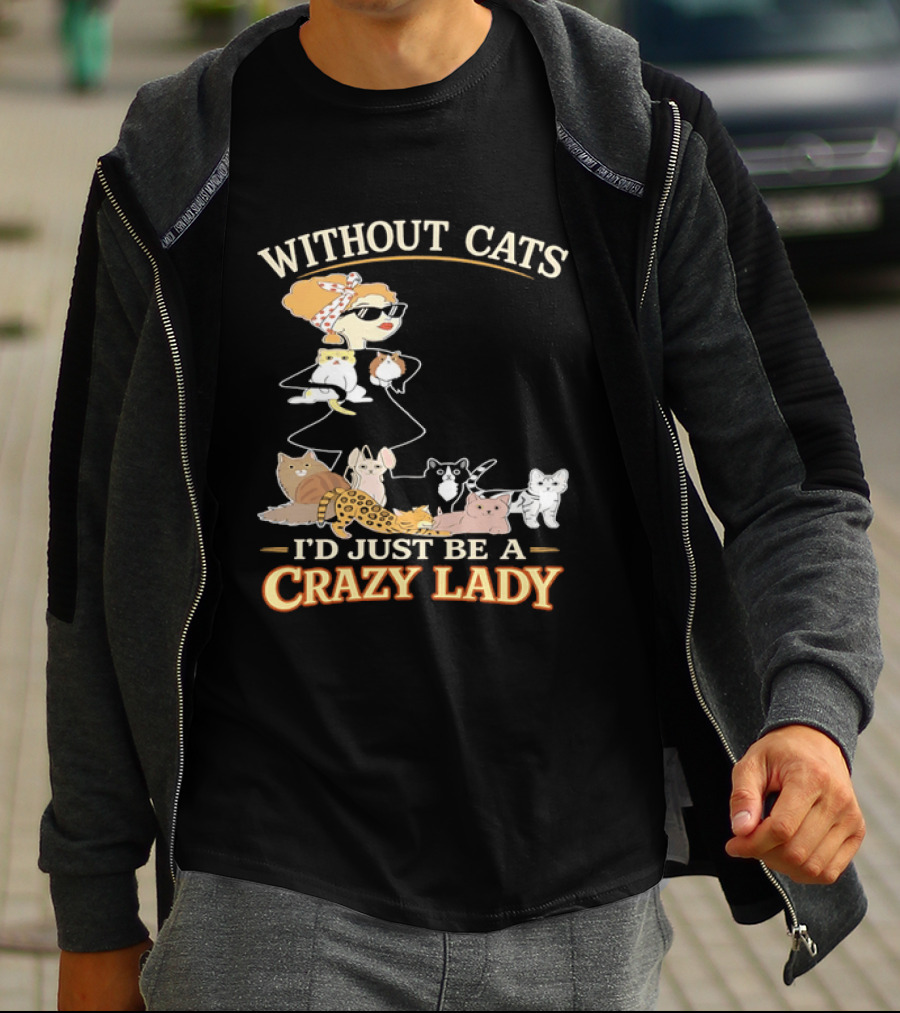 Without Cats I'd Just Be A Crazy Lady Pet Lover Vintage Cartoon T-Shirt