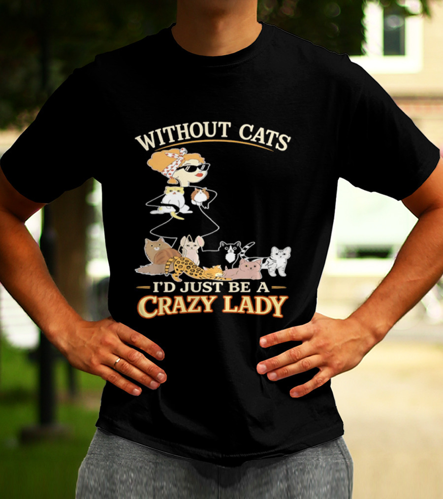 Without Cats I'd Just Be A Crazy Lady Pet Lover Vintage Cartoon T-Shirt