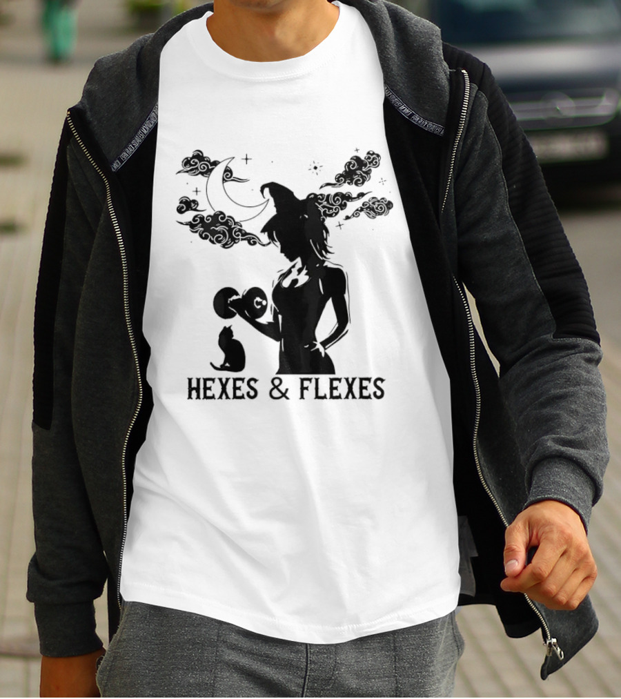 Spooky Fitness Witch Lifting Dumbbell With Cat Hexes & Flexes Moon Clouds T-Shirt