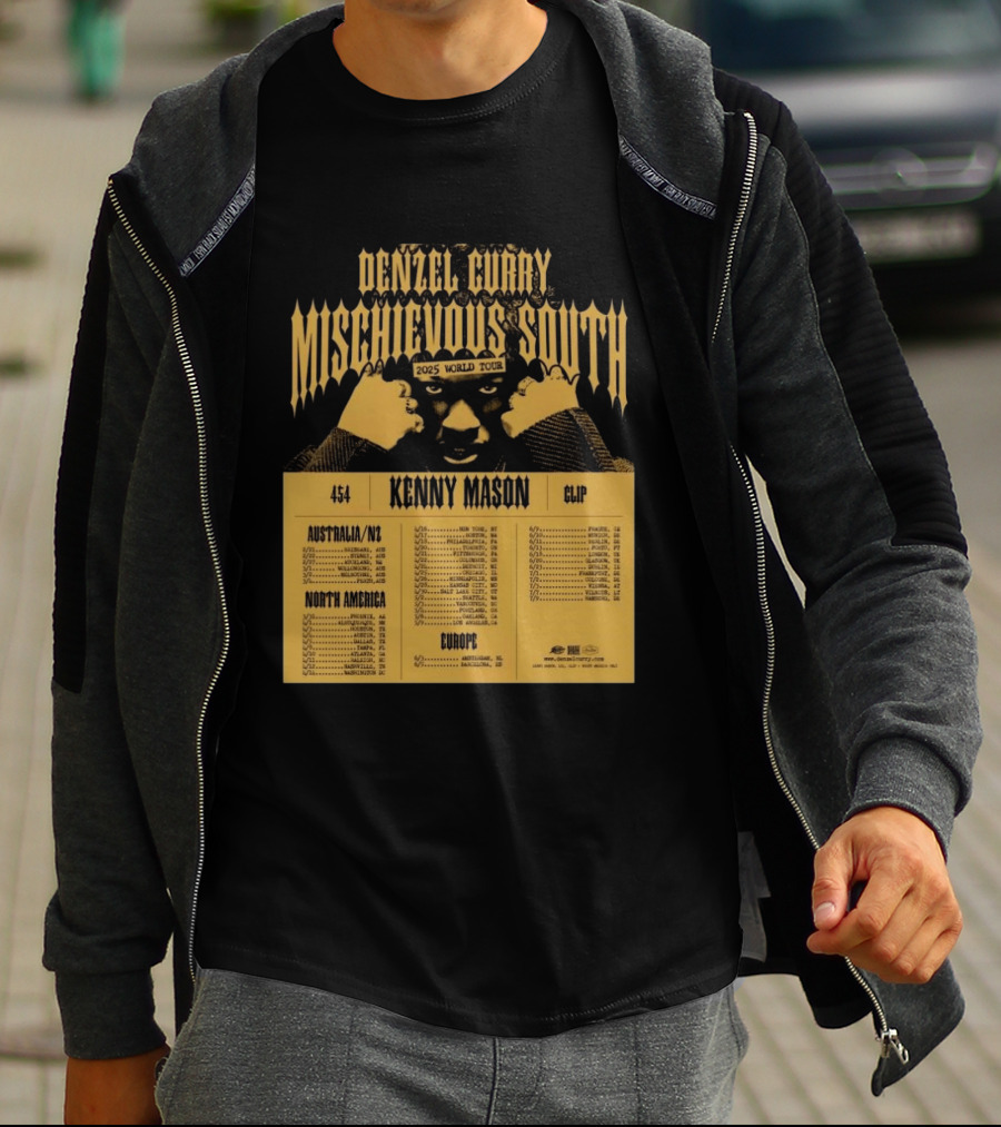 Denzel Curry Mischievous South 2025 World Tour Kenny Mason Clip 454 Australia North America Europe Dates T-Shirt
