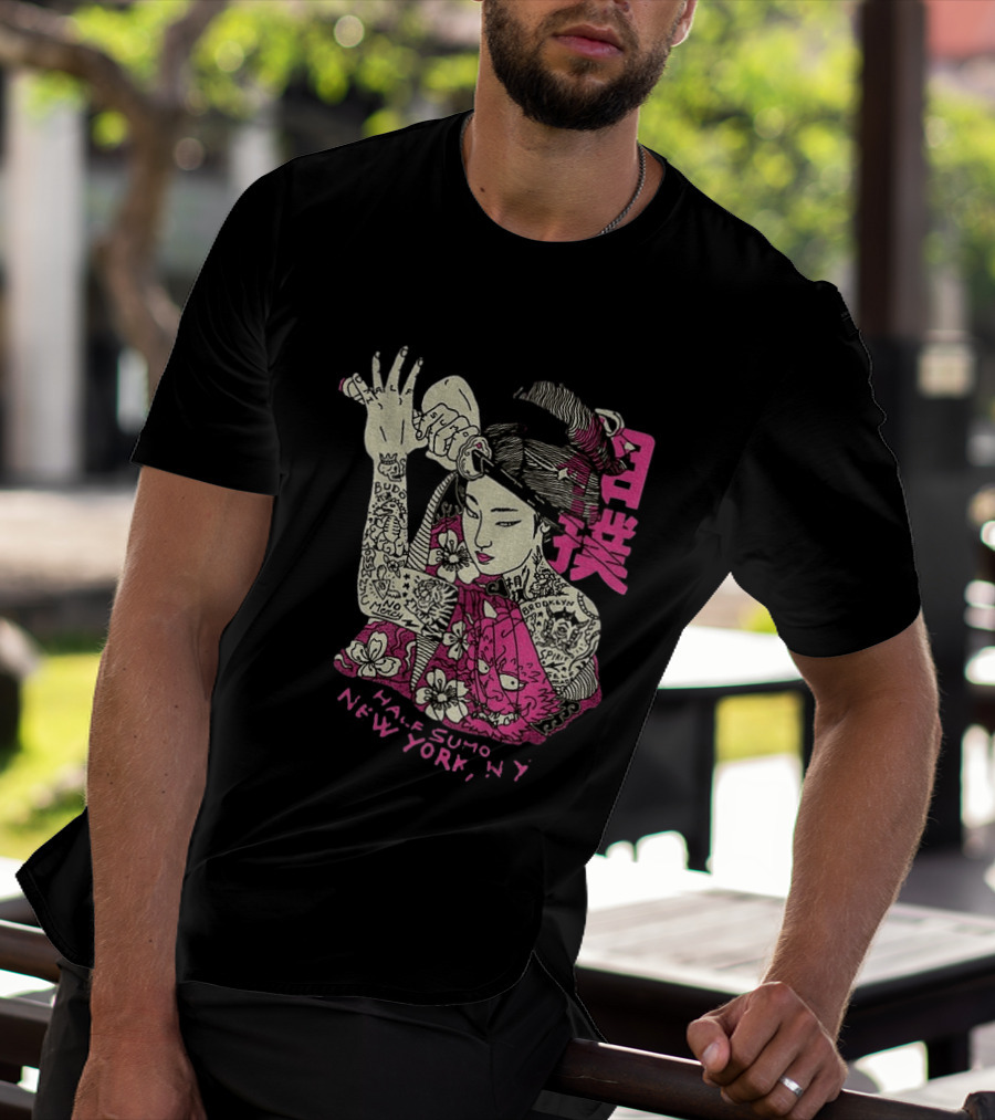 Tattooed Geisha With Katana And Flowers Japanese Samurai Half Sumo New York NY T-Shirt