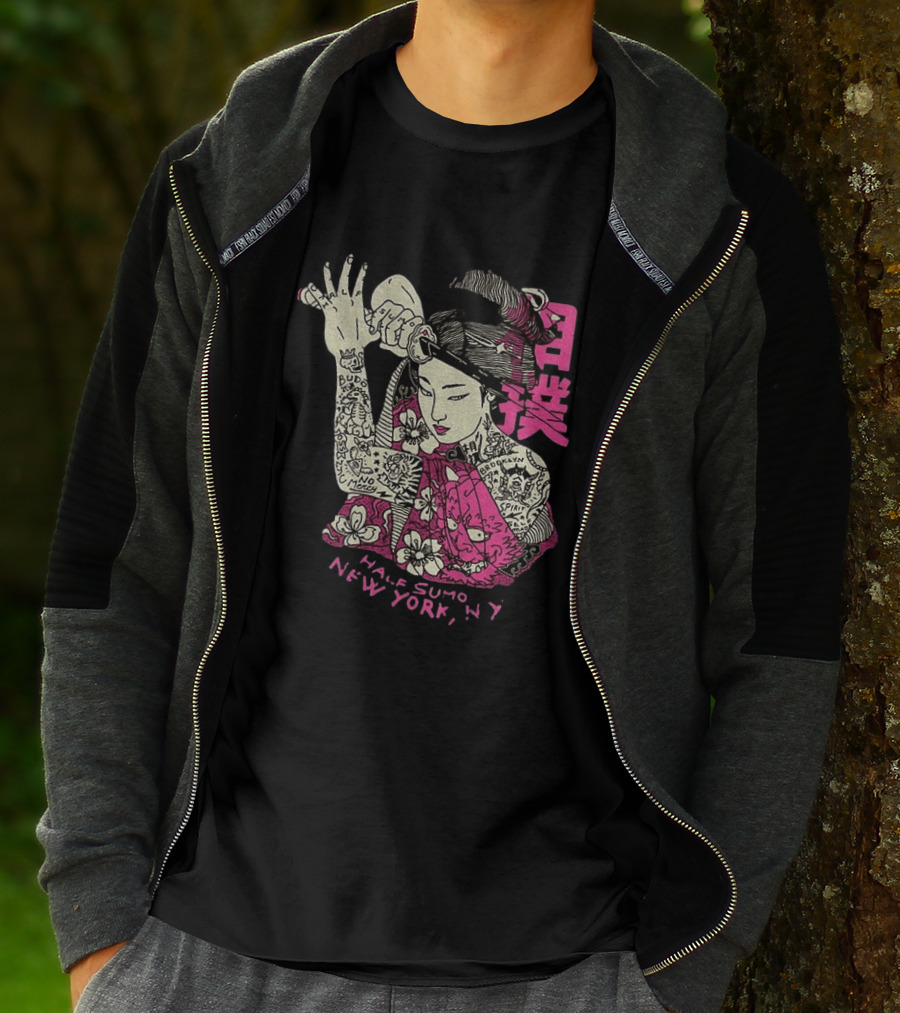 Tattooed Geisha With Katana And Flowers Japanese Samurai Half Sumo New York NY T-Shirt