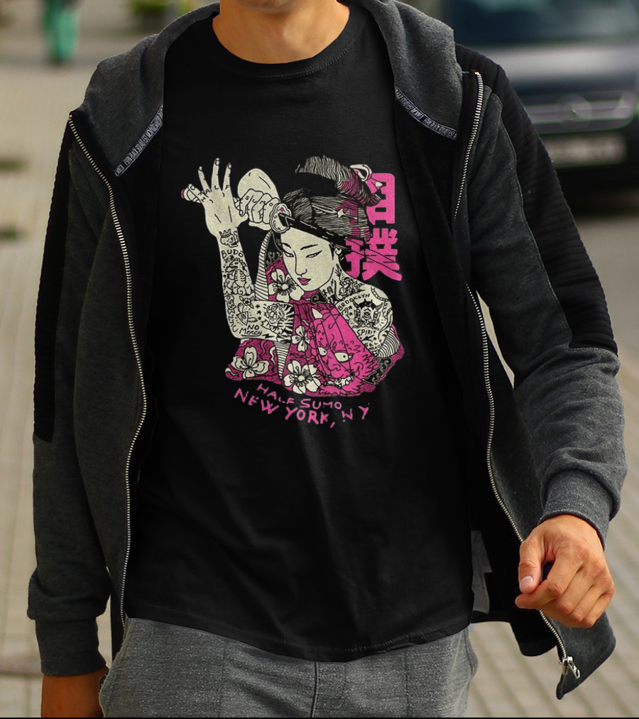 Tattooed Geisha With Katana And Flowers Japanese Samurai Half Sumo New York NY T-Shirt