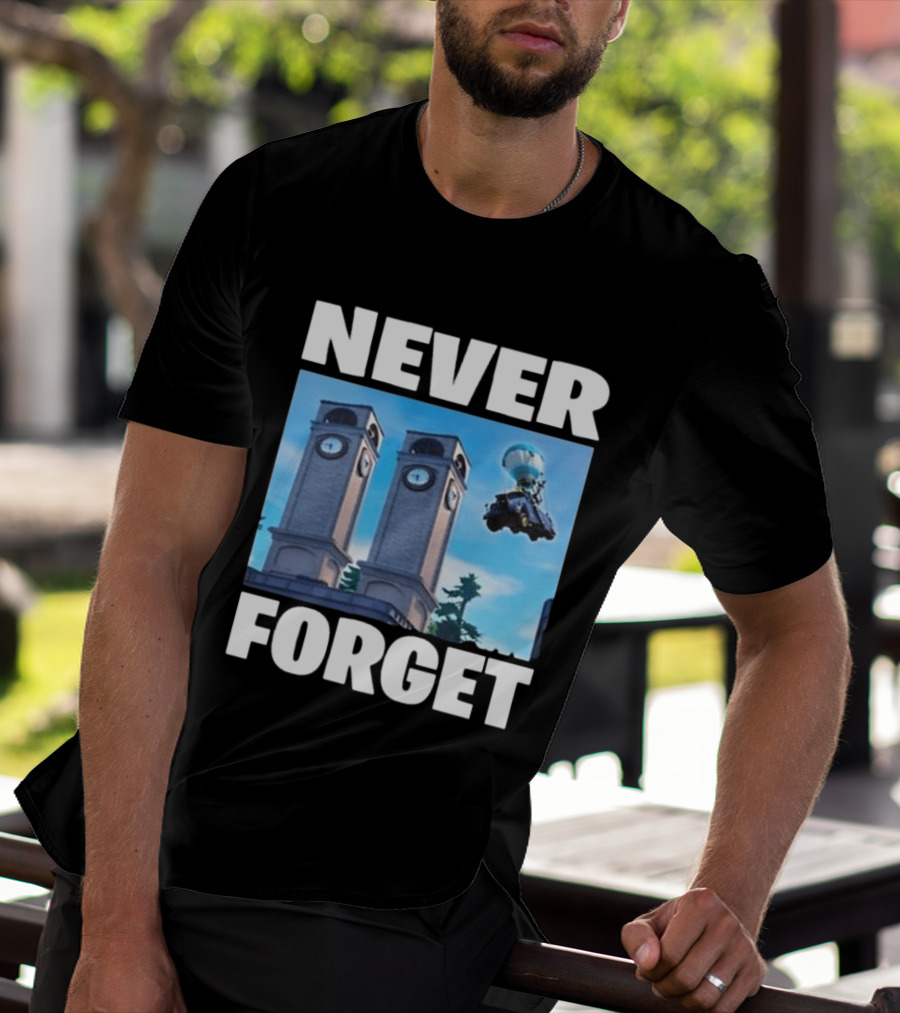 NEVER FORGET Twin Tilted Towers Fortnite Battle Bus T-Shirt