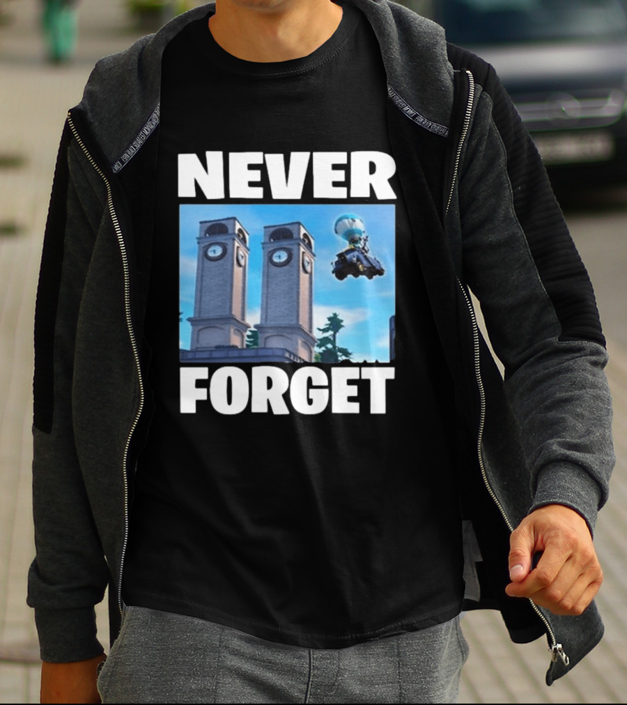 NEVER FORGET Twin Tilted Towers Fortnite Battle Bus T-Shirt