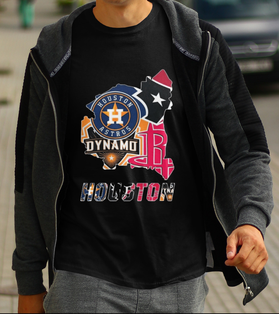 Houston Astros Texans Dynamo Rockets Map Logo Collage T-Shirt