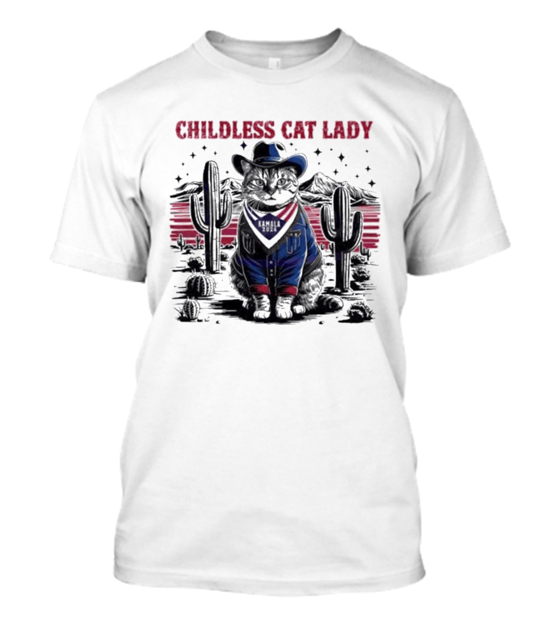 Kamala 2024 Childless Cat Lady Cowboy Desert Cactus Scene T-Shirt