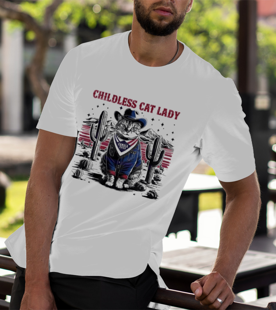Kamala 2024 Childless Cat Lady Cowboy Desert Cactus Scene T-Shirt