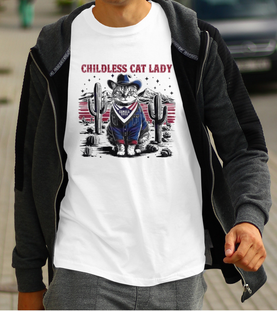 Kamala 2024 Childless Cat Lady Cowboy Desert Cactus Scene T-Shirt