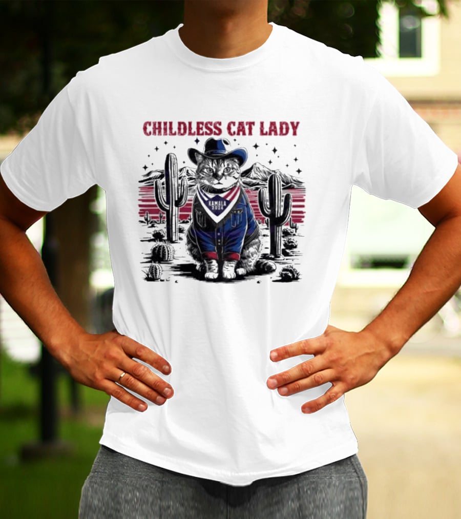 Kamala 2024 Childless Cat Lady Cowboy Desert Cactus Scene T-Shirt