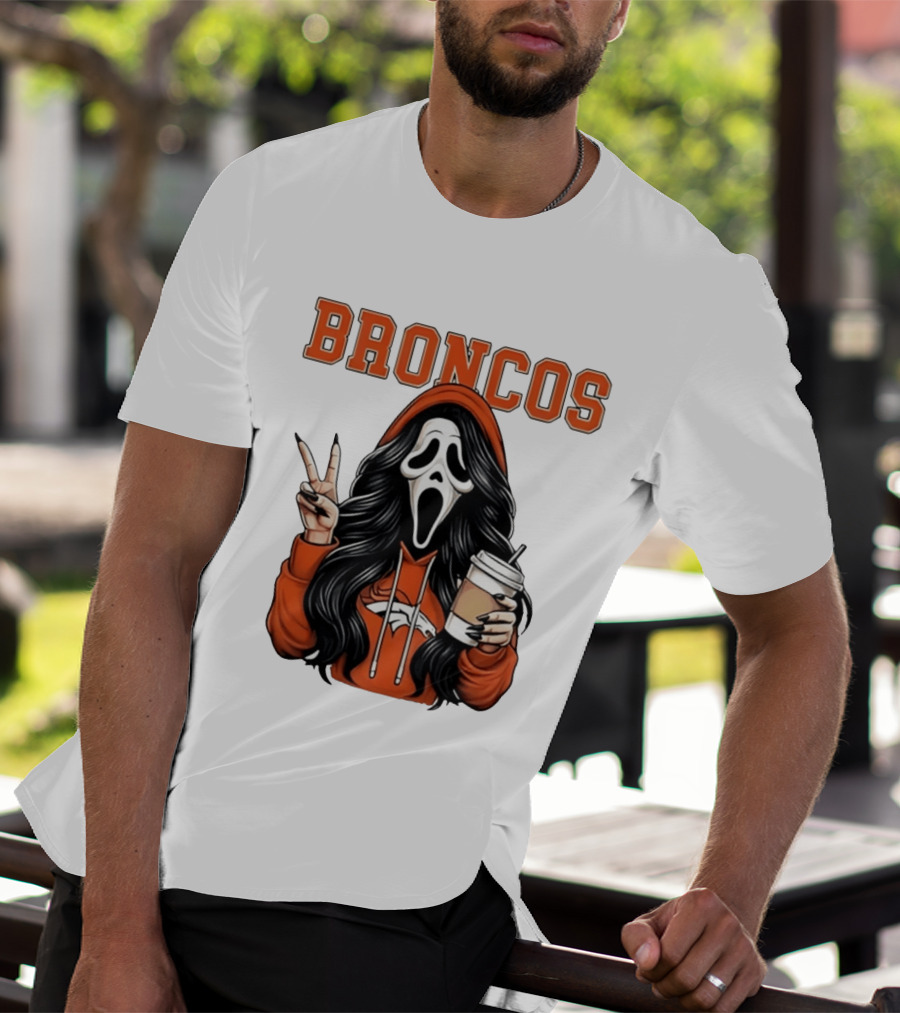 Broncos Ghostface Scream Halloween Coffee Peace Sign T-Shirt