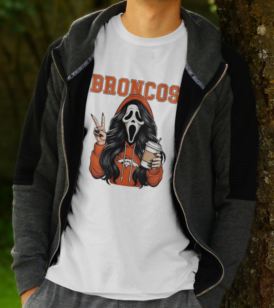 Broncos Ghostface Scream Halloween Coffee Peace Sign T-Shirt