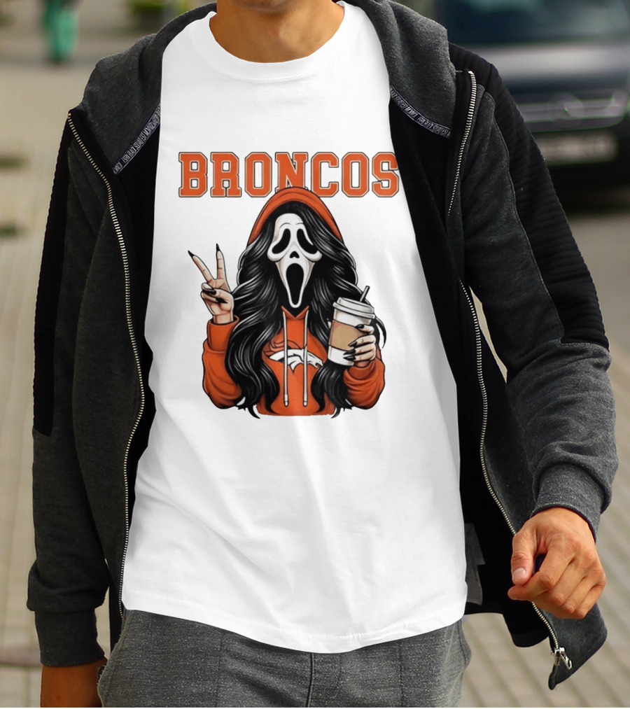 Broncos Ghostface Scream Halloween Coffee Peace Sign T-Shirt