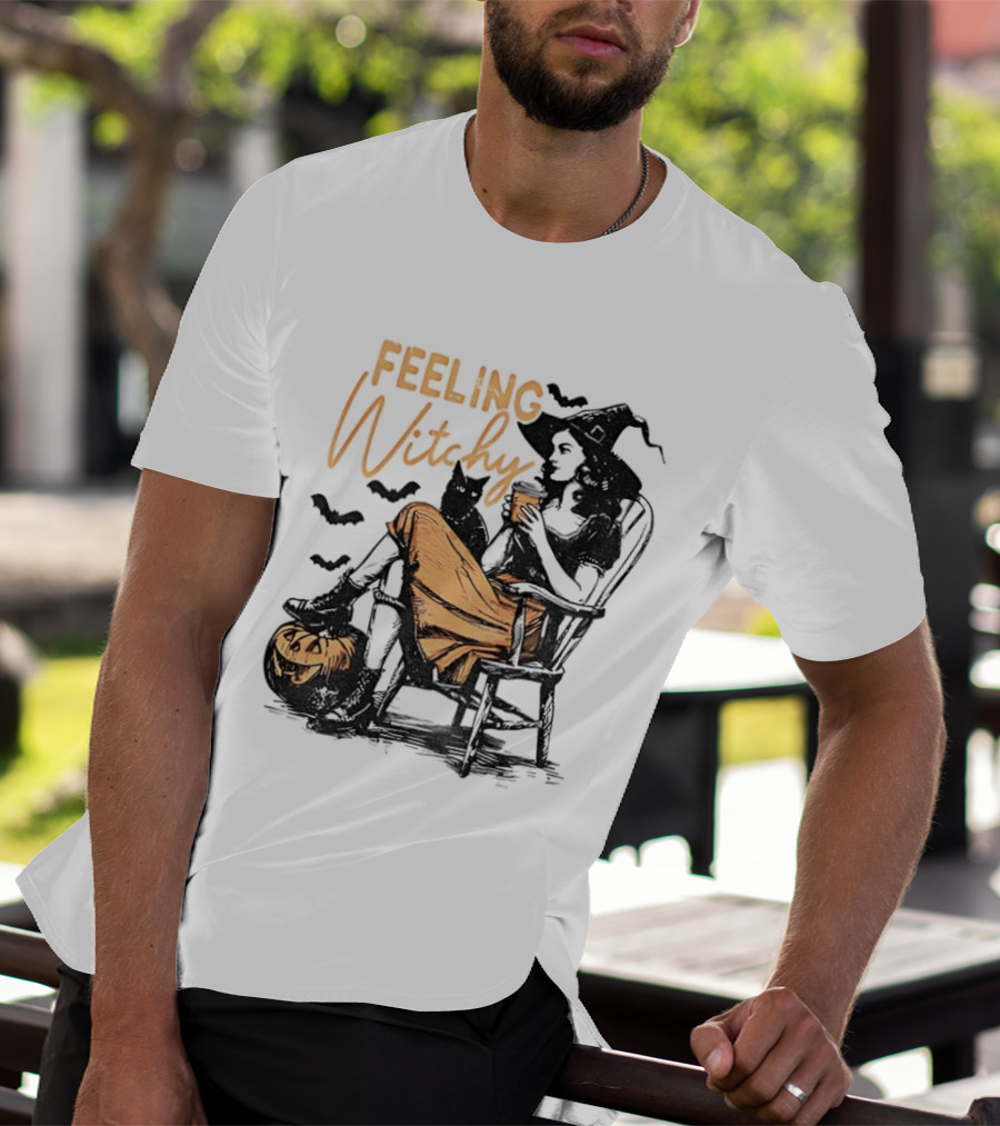 Feeling Witchy Witch With Pumpkin And Bats Halloween Vibes T-Shirt