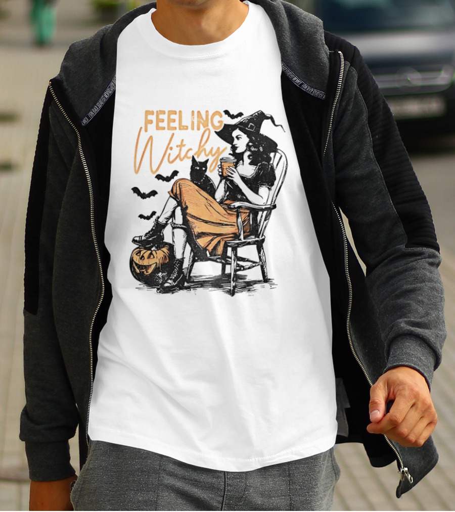 Feeling Witchy Witch With Pumpkin And Bats Halloween Vibes T-Shirt