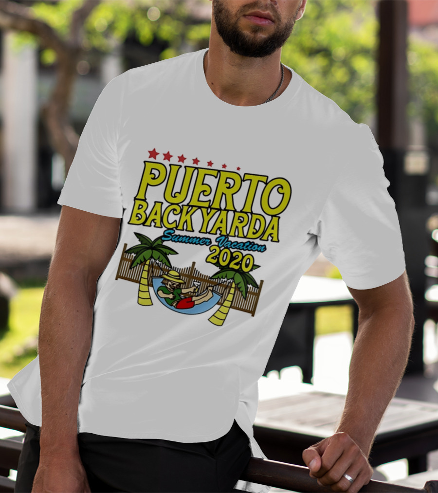 Puerto Backyarda Summer Vacation 2020 Relaxing Hammock Palm Trees Retro Cartoon T-Shirt
