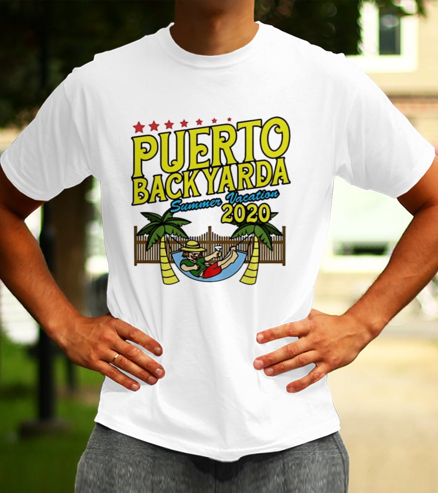 Puerto Backyarda Summer Vacation 2020 Relaxing Hammock Palm Trees Retro Cartoon T-Shirt