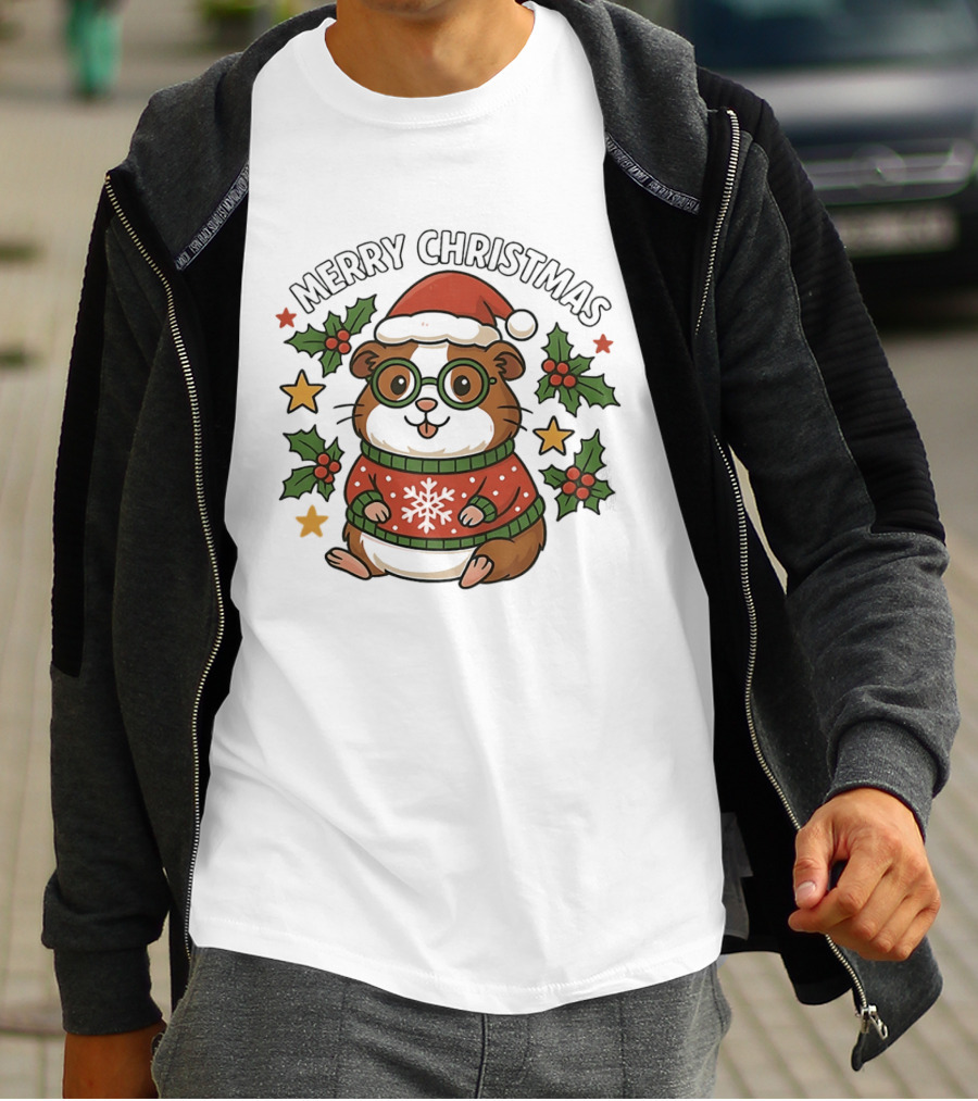 Merry Christmas Santa Guinea Pig In Holiday Sweater With Holly And Stars T-Shirt