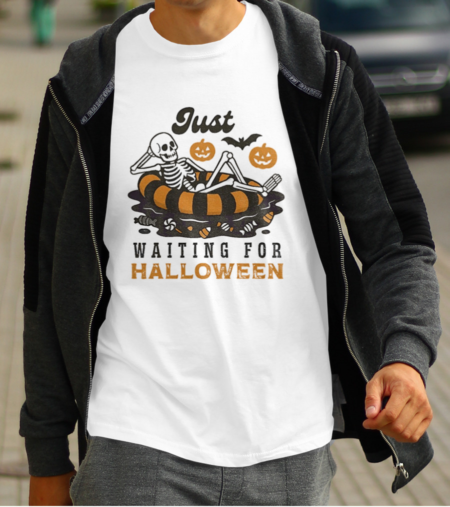 Just Waiting For Halloween Skeleton Beach 2025 T-Shirt