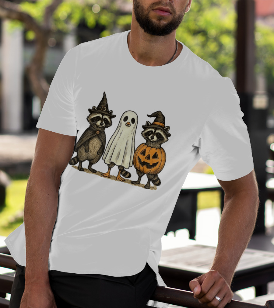Spooky Boo Ghost Raccoon Pumpkin Raccoon Witch Hat Happy Halloween 2025 T-Shirt