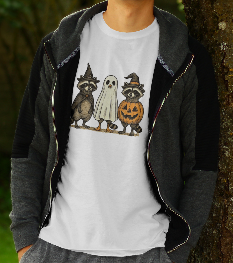 Spooky Boo Ghost Raccoon Pumpkin Raccoon Witch Hat Happy Halloween 2025 T-Shirt