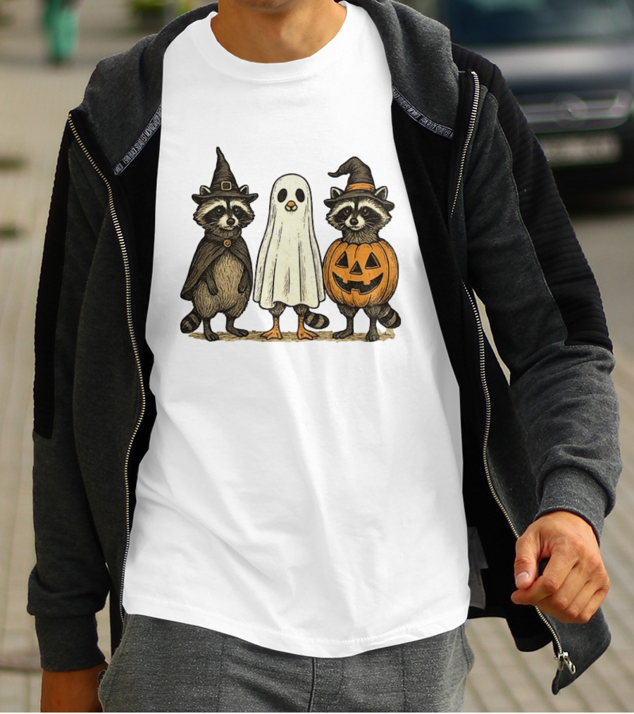 Spooky Boo Ghost Raccoon Pumpkin Raccoon Witch Hat Happy Halloween 2025 T-Shirt