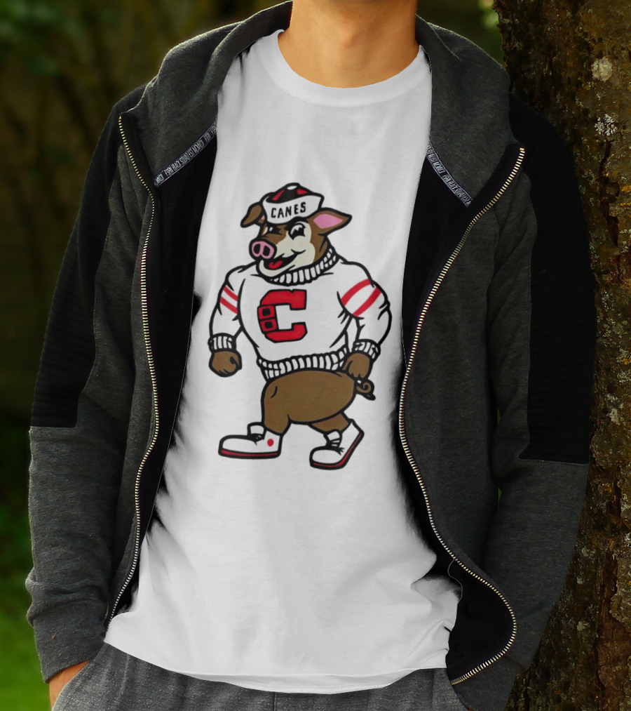Canes Mascot Pig In Red And White Sweater With Stripes T-Shirt
