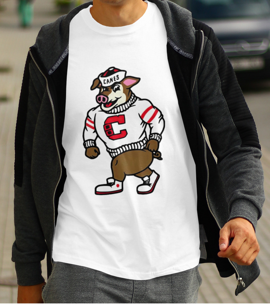 Canes Mascot Pig In Red And White Sweater With Stripes T-Shirt