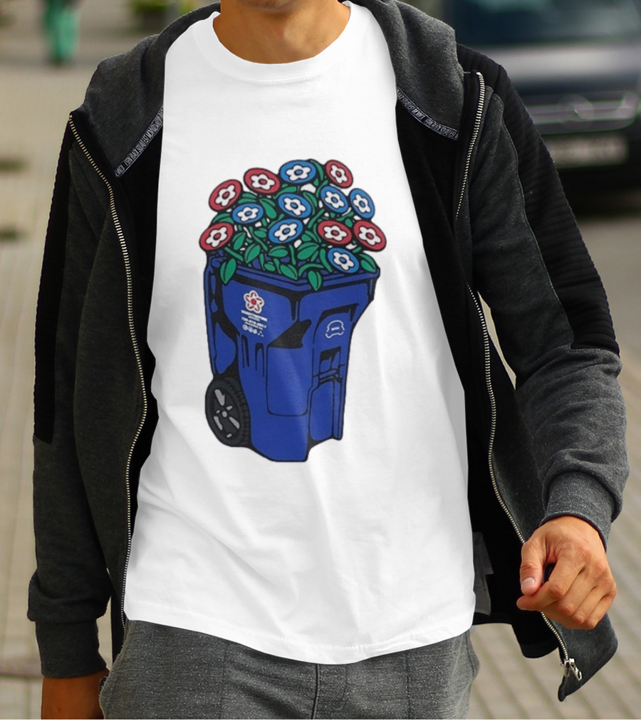 Vandy The Pink Trash Can Blue Recycling Bin Flowers T-Shirt