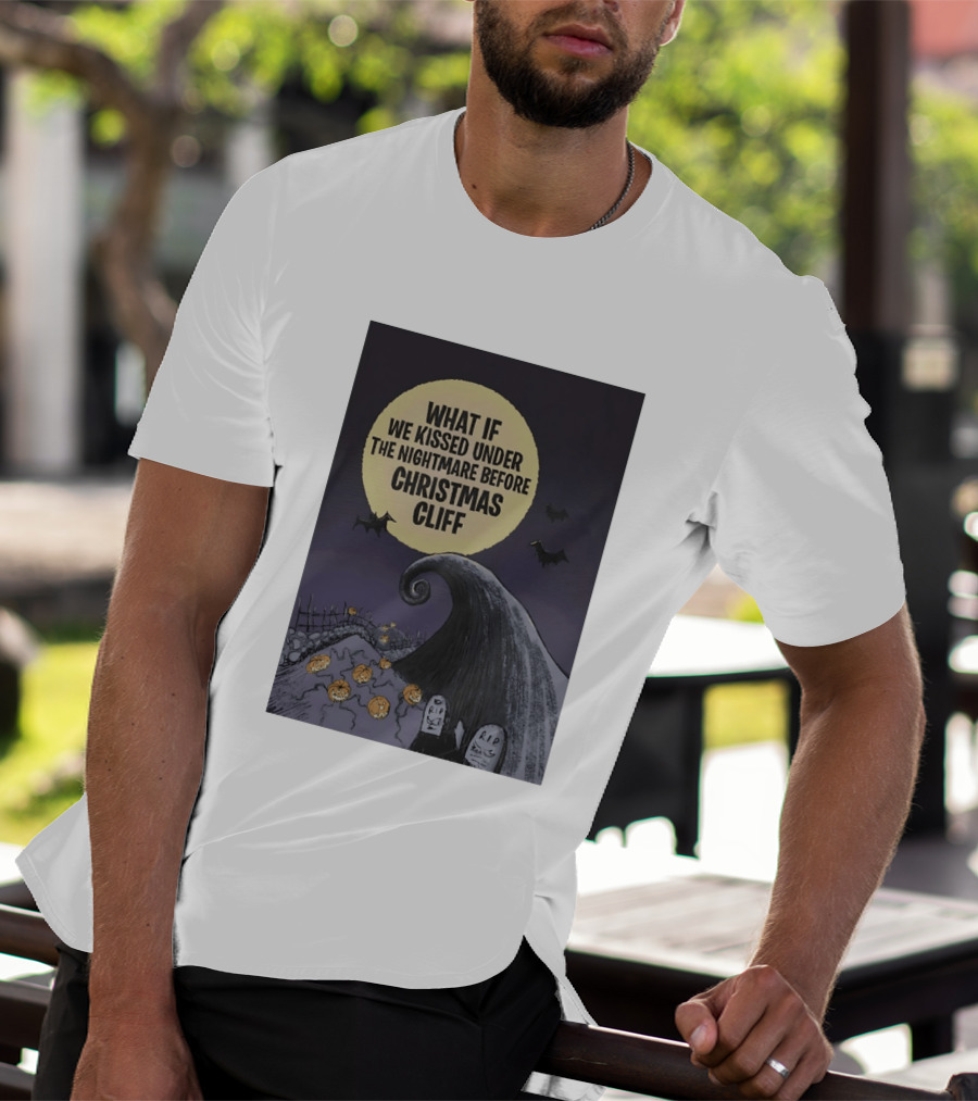What If We Kissed Under The Nightmare Before Christmas Cliff Halloween Moon Bats Pumpkins Graveyard Scene T-Shirt