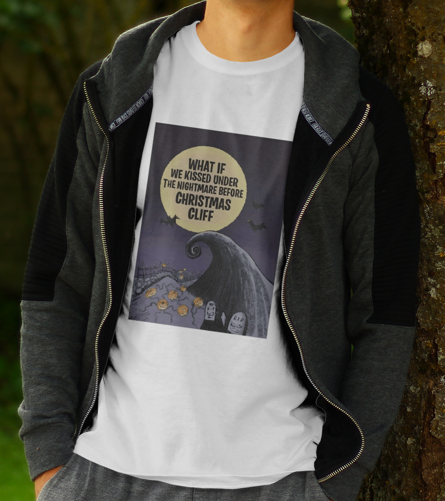 What If We Kissed Under The Nightmare Before Christmas Cliff Halloween Moon Bats Pumpkins Graveyard Scene T-Shirt