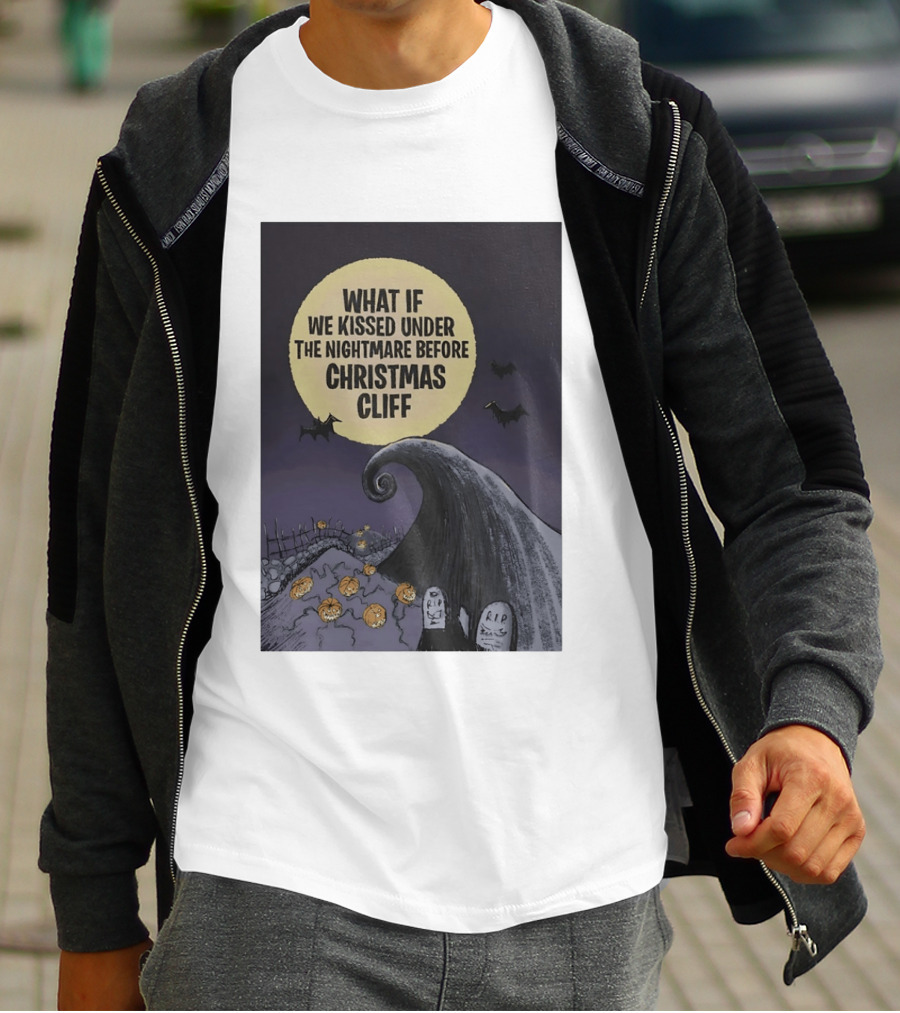 What If We Kissed Under The Nightmare Before Christmas Cliff Halloween Moon Bats Pumpkins Graveyard Scene T-Shirt