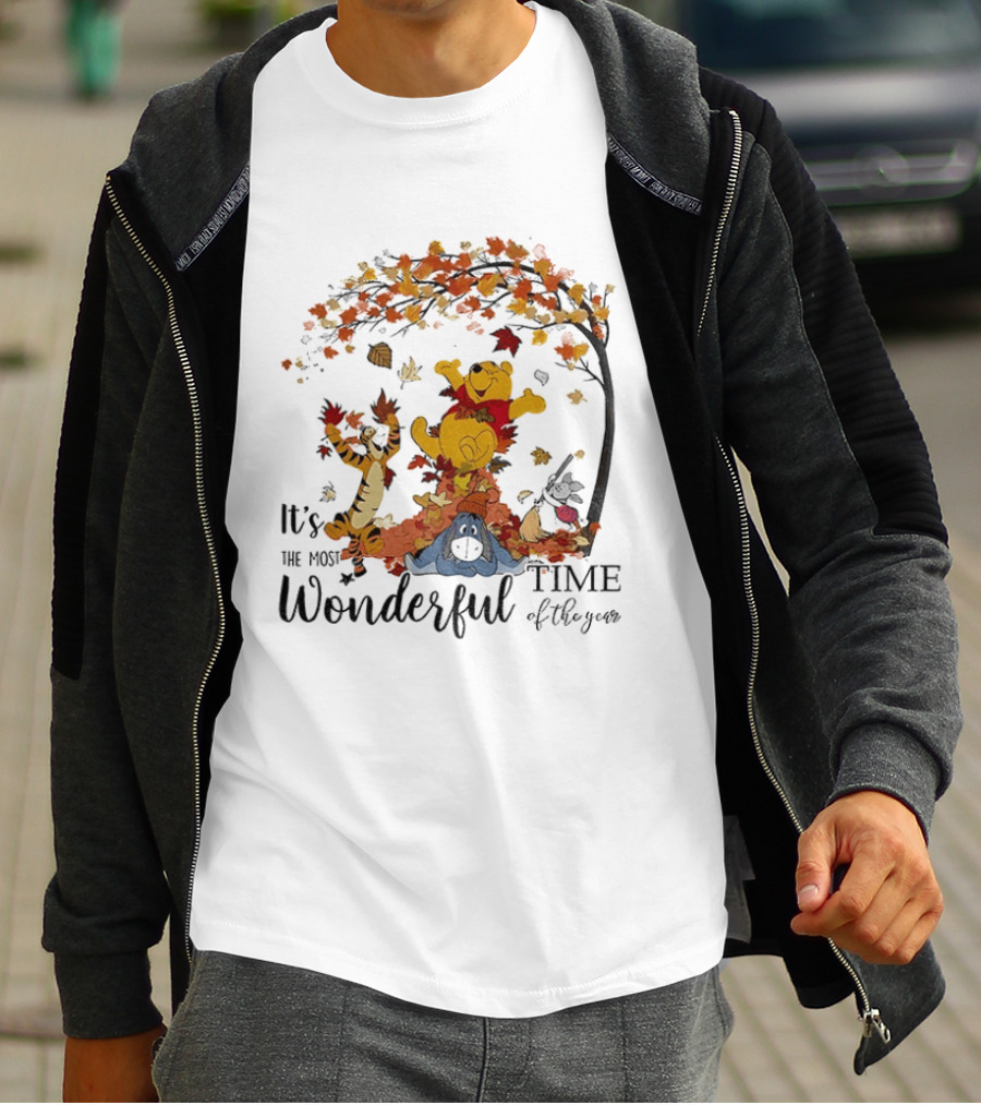 Winnie The Pooh It's The Most Wonderful Time Of The Year Happy Fall Autumn Leaves T-Shirt