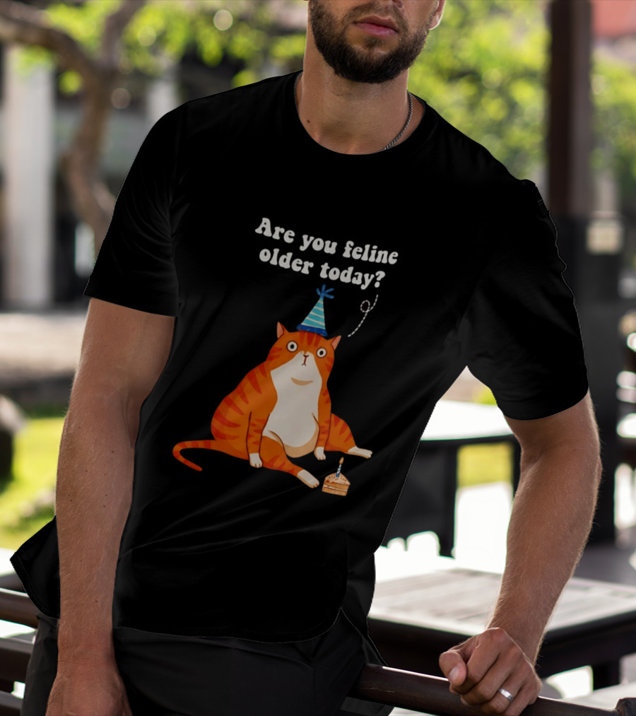 Are You Feline Older Today Birthday Cat With Party Hat And Cake T-Shirt