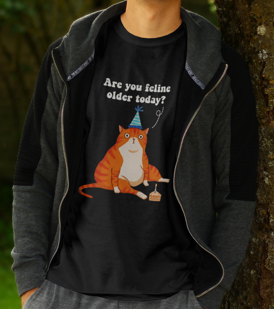 Are You Feline Older Today Birthday Cat With Party Hat And Cake T-Shirt