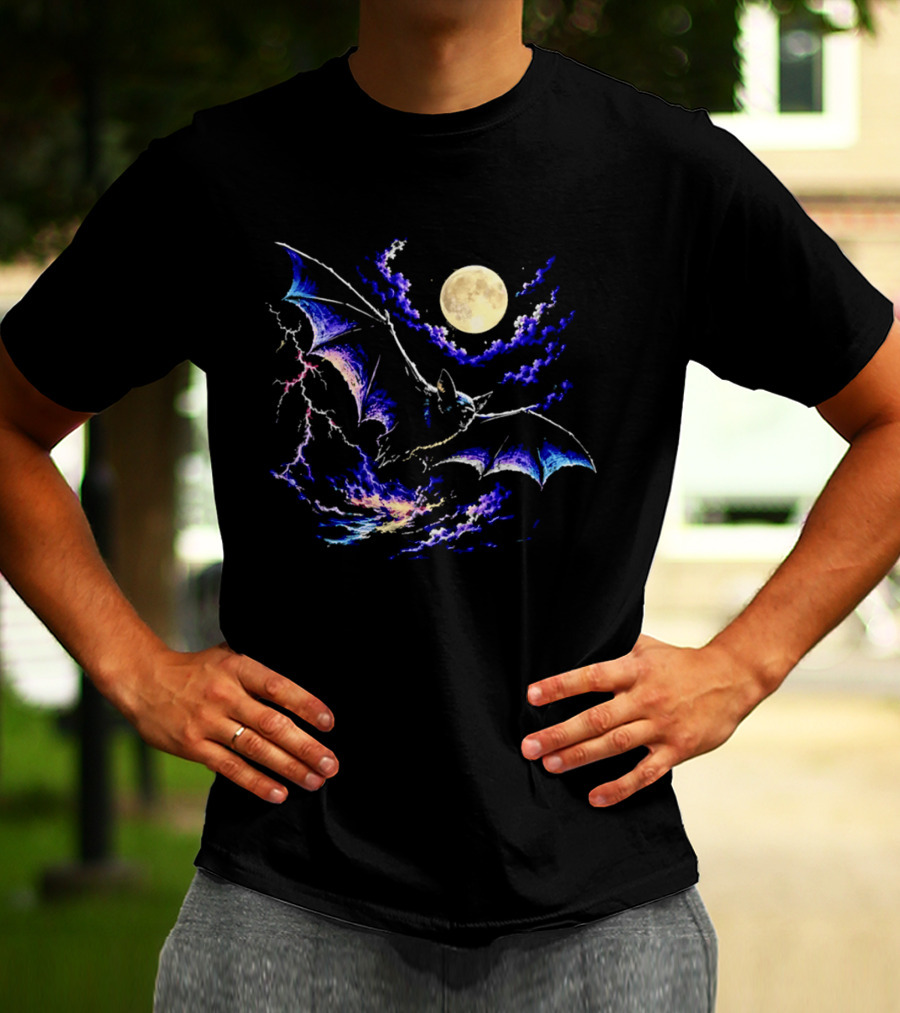 Bat Flying In Stormy Night With Full Moon Lightning And Clouds T-Shirt