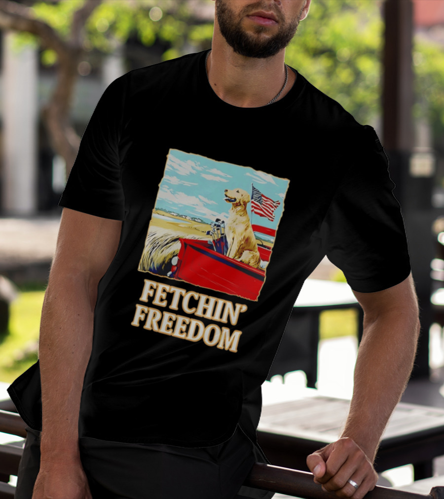 Fetching Freedom Dog And American Flag Scene T-Shirt