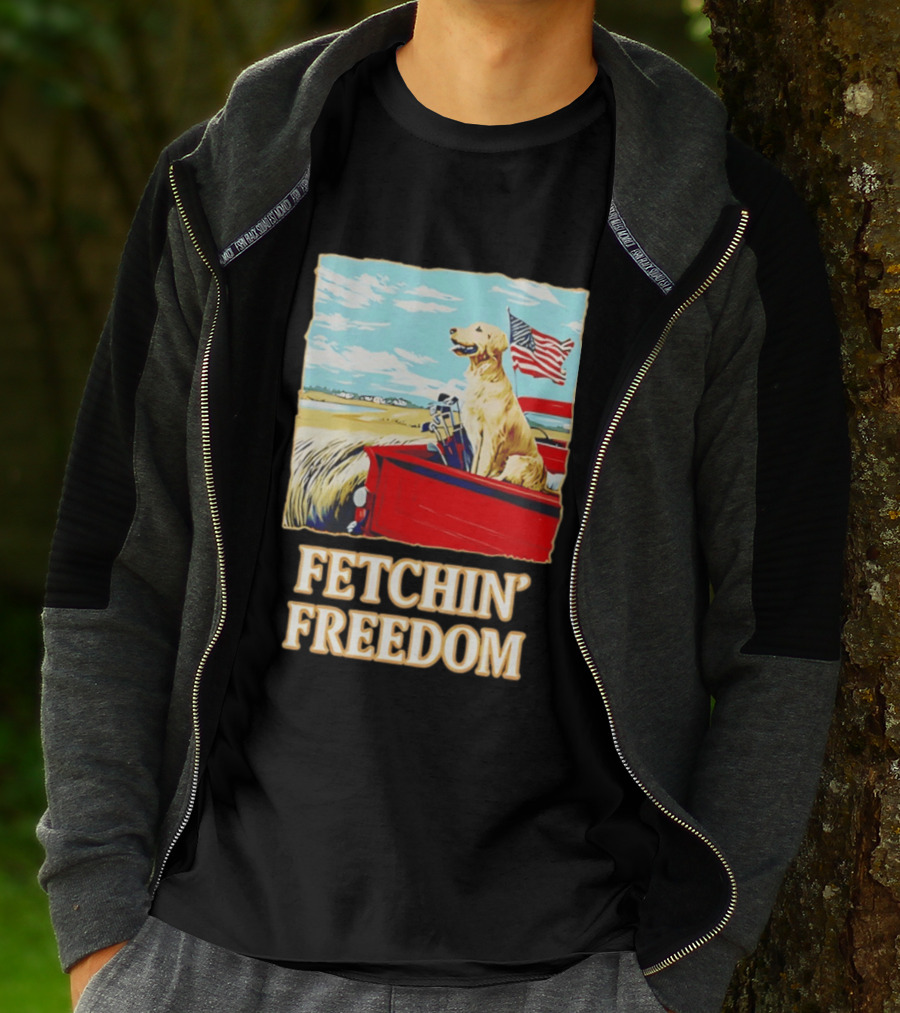 Fetching Freedom Dog And American Flag Scene T-Shirt