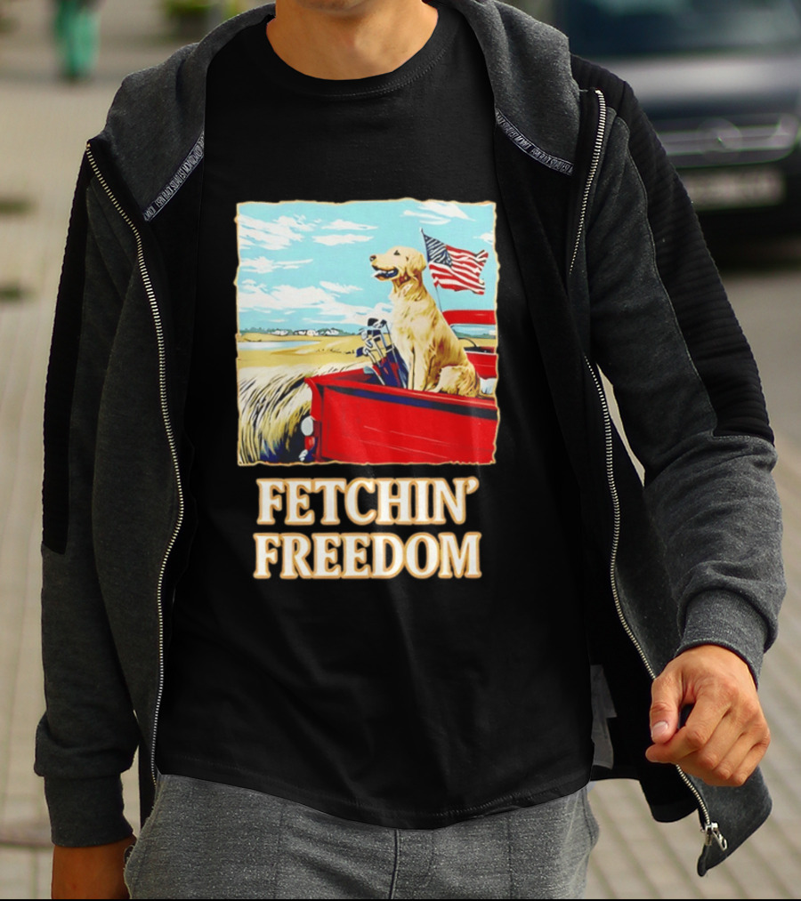 Fetching Freedom Dog And American Flag Scene T-Shirt