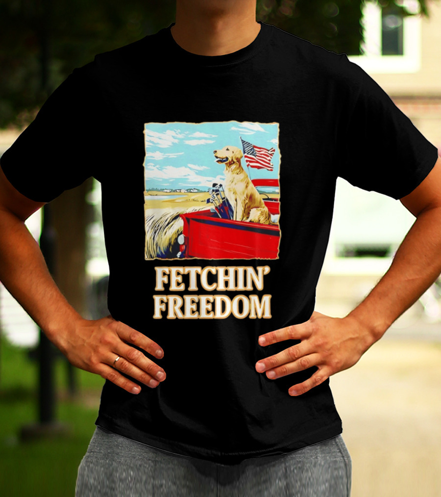 Fetching Freedom Dog And American Flag Scene T-Shirt