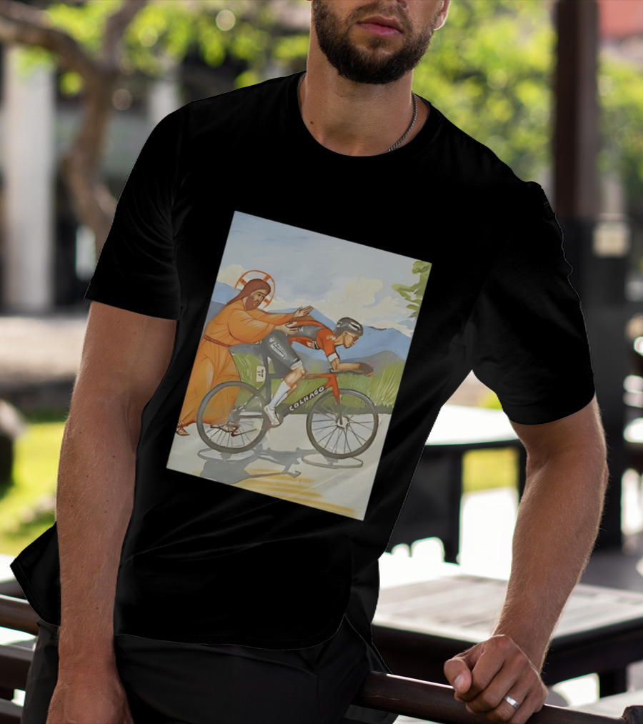 Jesus Gives Tadej Pogačar A Push Colnago Cycling T-Shirt