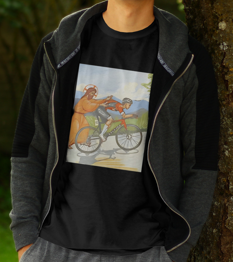 Jesus Gives Tadej Pogačar A Push Colnago Cycling T-Shirt