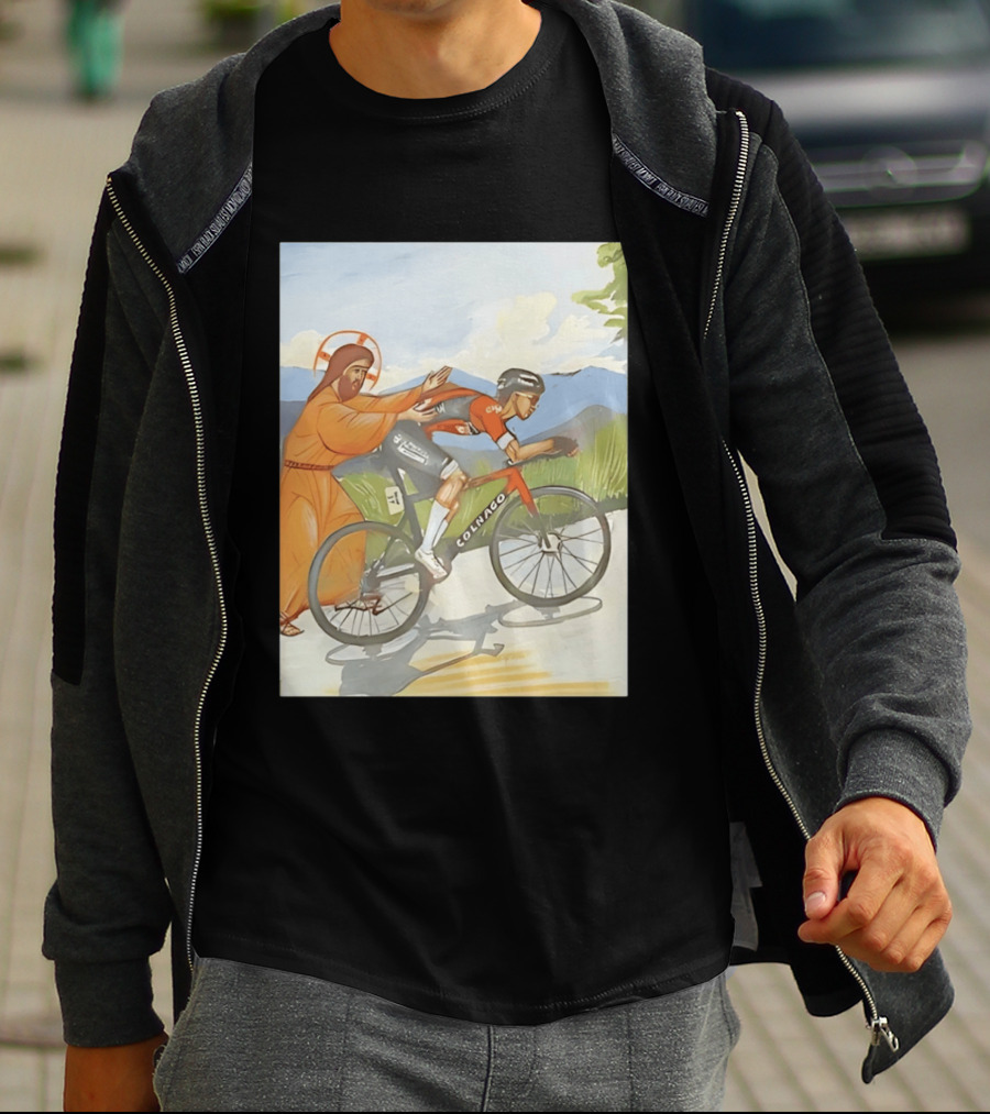 Jesus Gives Tadej Pogačar A Push Colnago Cycling T-Shirt